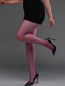 1条性感弹力紧身裤，搭配全腿闪亮水钻镂空渔网袜，薄款春夏女士连裤袜，塑身打底裤，Y2K时尚百搭，适合万圣节、圣诞节、旅行、度假、夜店、约会等场合。 - 紫色 - 查看 1