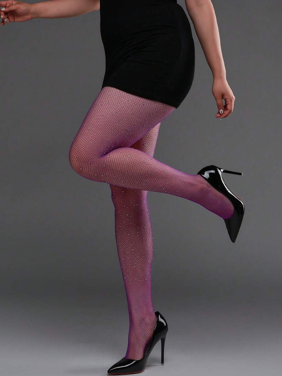 1条性感弹力紧身裤，搭配全腿闪亮水钻镂空渔网袜，薄款春夏女士连裤袜，塑身打底裤，Y2K时尚百搭，适合万圣节、圣诞节、旅行、度假、夜店、约会等场合。 - 紫色 - 查看 1