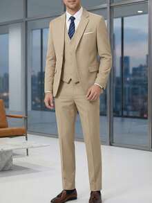 3pcs Men's Formal Solid Color Suit Set, Includes Jacket, Vest, And Pants With Pockets, Elegant For Party, Wedding, Business Occasions - Champagne - View 2