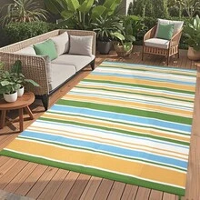 Striped Outdoor Area Rug, Waterproof Outdoor Rug,Reversible Outdoor Rugs, Patio Plastic UV Resistant Garden Rug, Plastic Straw Rug With Portable Bag For Front Door, Kitchen, Entryway, Patio, Porch - Amarillo/azul/verde/blanco-9*12 pies (274*366 cm) - Ver 6