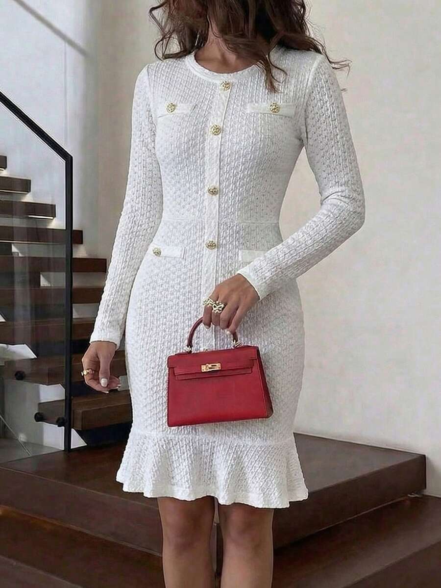 Unadoll Women's Spring Round Neck Winter Set, Faux Pocket, Button Decor, Elegant Dress, Suitable For Party, Date, Birthday, Gathering, Commute, Dinner, Valentine's Day And Other Occasions White - White - View 1