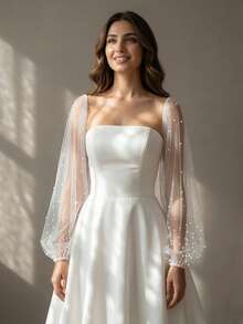 1 Pair Faux Pearl Sheer Bridal Arm Sleeves, Long Loose Style Suitable For Wedding, Travel, Party, Formal Occasions,Summer,Beach - Milky - View 3