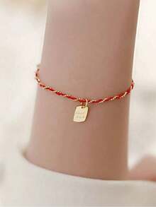 1pc S925 Sterling Silver Minimalist New Chinese Style Rectangular "Goodluck" Engraved Bracelet, Women's Fashion Personalized Woven Red Rope Delicate Mori Style Student Friendship Gift, Meaningful Holiday Present - Square - View 5