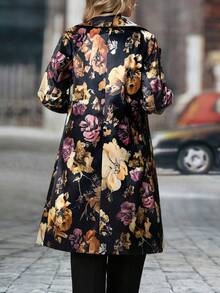 Women's Spring/Fall Fashionable Retro Floral Print Long-Sleeve Mid-Length Blazer With A Notched Collar - Pink - View 2