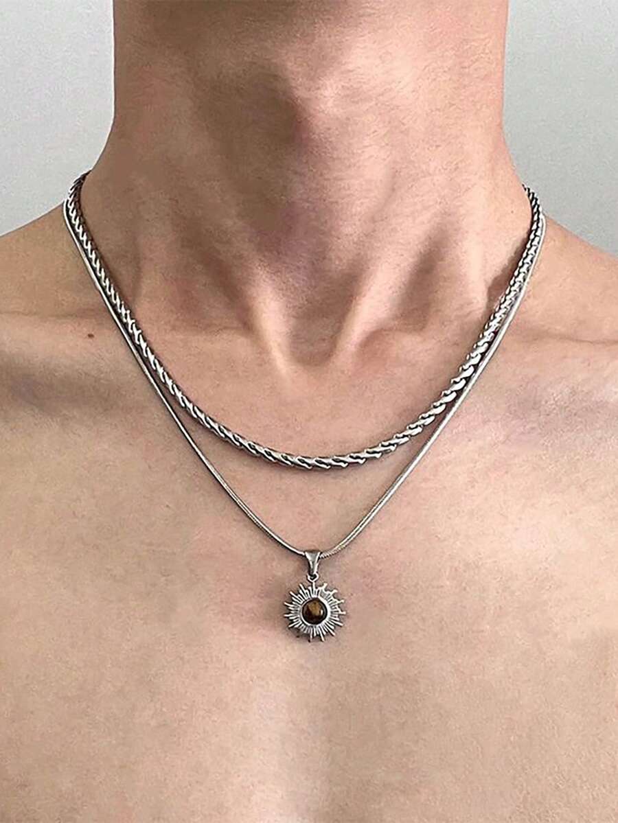 2pcs Sunflower Pendant Stainless Steel Chain Necklace For Men, Layered Wear Collarbone Chain - Silver - View 1