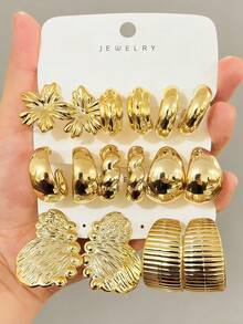 4/6/16pcs Asymmetrical Exaggerated Hoop & Stud Earrings Set, Suitable For Daily And Holiday Wear, ABS Resin Material With UV Plating, Low Allergy Earrings Set - Gold - View 9