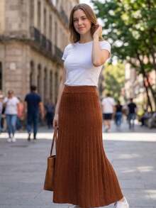 Women's Pleated Knit Skirt, Long, Wide Waistband, Evangelical Style, Elegant And Casual Knit - 黑色 - 查看 7