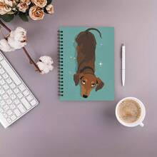 1 pieza de un lindo cuaderno de espiral con tapa dura de un Dachshund alemán - con un fondo azul cielo con estrellas doradas y hojas verdes, perfecto para uso diario en la oficina, la escuela o para llevar un diario, cuaderno escolar - H - Ver 4