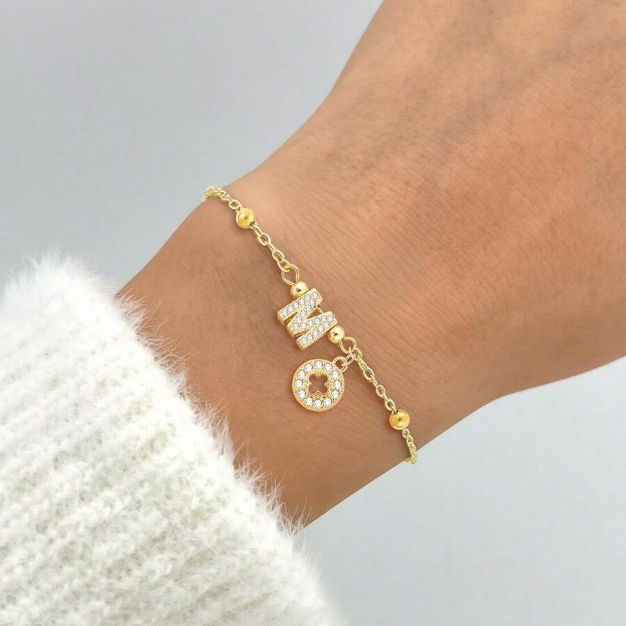 1pc Simple Classic Initial Cross Pendant Golden Stainless Steel Bead Chain Bracelets For Women - Yellow Gold - View 1