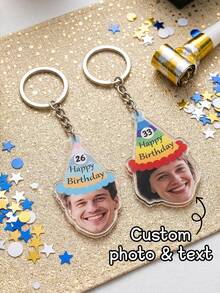 1pc Custom Birthday Party Hat Photo Keychain, Personalized Age Text Charm, Birthday Gift For Friend Family Him Her, Happy Birthday Funny Party Favor, Colorful/Pastel Polka Dot Party Hat Design, Anniversary Keepsake - Multicolor - View 10