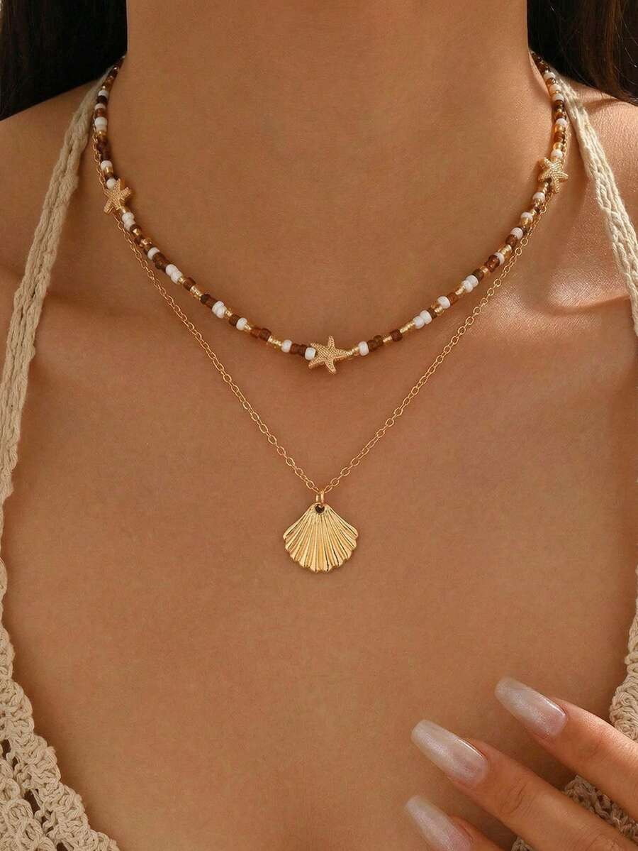 Bộ 2 chiếc vòng cổ thủ công phong cách Bohemian đính hạt cườm với mặt dây chuyền hình vỏ sò, kiểu dáng choker thời trang đa năng, phù hợp để đeo hàng ngày, đi biển, du lịch, dự tiệc. - Nhiều màu - Xem 1