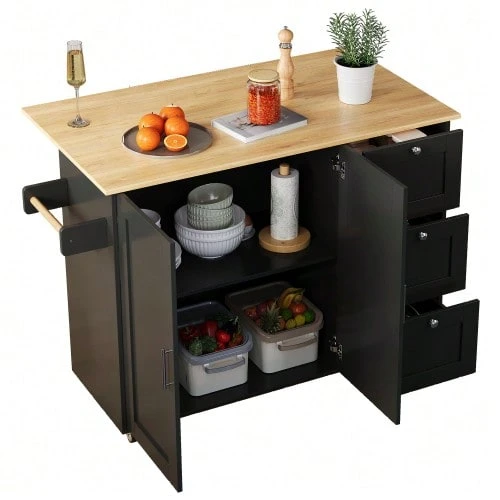 Large Mobile Kitchen Table 135 X 44 (70) X 90 Cm, Oak Countertop, Folding Design, Multifunctional Cabinet, 3 Drawers, Towel Rack, Suitable For Kitchen, Dining Room And Home. - 黑色 - 查看 1