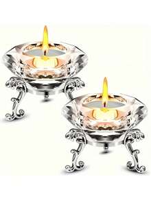 2pcs/Set Transparent Crystal Diamond Candle Holder Set, With Polished Metal Stand, Perfect For Home, Office And Party Decor - Practical Round Display Stand, Metal Base, Crystal Glass Candle Holder, Diamond-Shaped Romantic Candle Holder - Multicolor - View 1