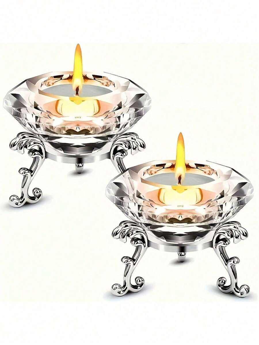 2pcs/Set Transparent Crystal Diamond Candle Holder Set, With Polished Metal Stand, Perfect For Home, Office And Party Decor - Practical Round Display Stand, Metal Base, Crystal Glass Candle Holder, Diamond-Shaped Romantic Candle Holder - Multicolor - View 1