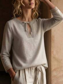 女士休闲蕾丝边V领长袖衬衫，配缎带，适合日常及度假穿着，春季款 - 淺灰色 - 查看 2