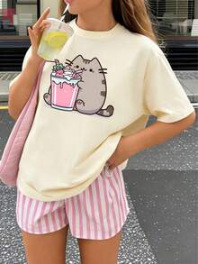 [Cotton T-Shirt] Tweed Girl Pink Kitten Drinking Milk Tea Cartoon Print Pullover Crew Neck T-Shirt For Girls - Spring, Summer, And Autumn Student Young Children's Short-Sleeve Top - Perfect For Playing And Casual Outings. A Fun And Colorful T-Shirt That Inspires Every Child's Imagination. Suitable For Sporty Girls' Everyday Wear, Street Style, And School Uniforms. - Màu be - Xem 4