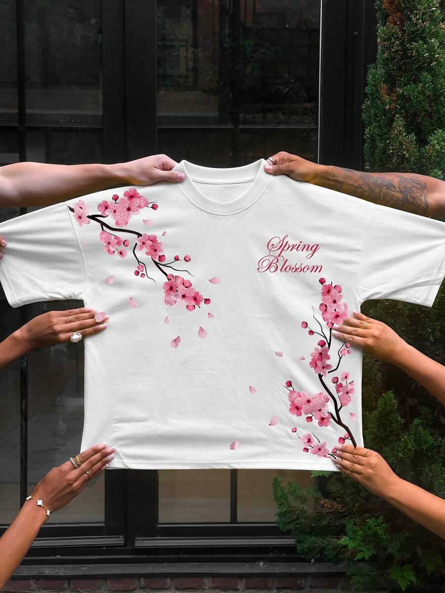 Camiseta corta de hombre de corte holgado con estampado de flores de cerezo, adecuada para el verano. Camiseta de hombre de manga corta holgada y estampada, de diseño exquisito, esencial para el verano, fácil de combinar para mostrar tu estilo - Blanco - Ver 1