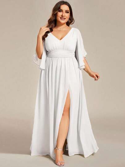 Plus Size Elegant V-Neck Ruffle Sleeve High-Waist Slim Fit Maxi Dress White Dresses For Bridal Shower Wedding Spring Party