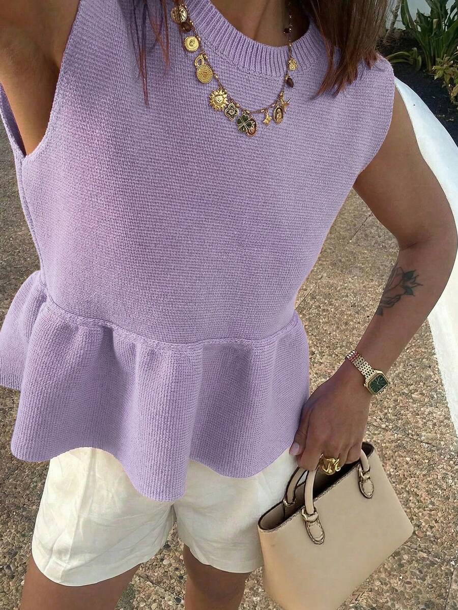 FOR BEAUTY Women's Spring/Summer Knit Sleeveless Top, Casual Minimalist Style, Solid Color, Ruffle Hem, Flattering, Suitable For Commuting, Dating, Holiday, Leisure