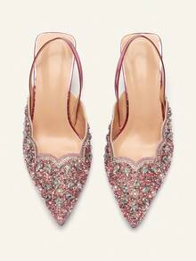 Etoivie Pink Elastic Strap Back Rhinestone Women's Sandals, Pointed Toe Backless Square High Heel Shoes, Unique Design,Elegant,Party - Pink - View 5