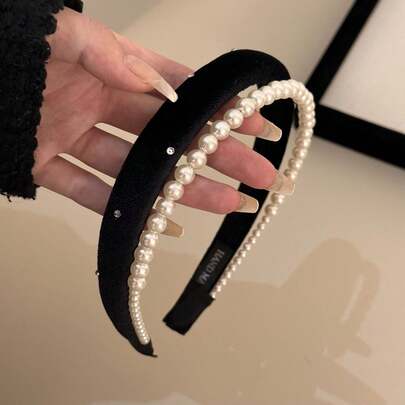 1pc Elegant Pearl Headband, French Style Double-Ended Velvet Sponge Headband, Vintage Refined Hair Accessory, Black Retro Headpiece, Women Accessories
