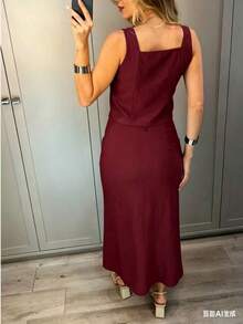 Women's Premium Tailored Vest And Midi Skirt Set - Versatile For Work And Events - 酒紅色 - 查看 2