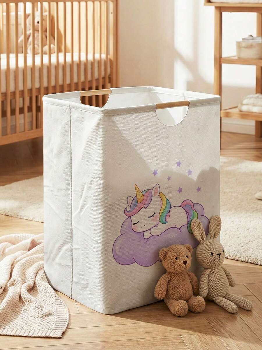 1 pièce Grand panier à linge pliable avec poignée en bois, imprimé avec motif poney, panier à linge pliable durable pour salle de bain, nurserie, panier de rangement polyvalent - Multicolore - Voir 1