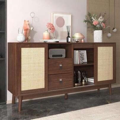 Made From Genuine Rattan With 3 Sliding Doors And 2 Drawers, This 155x38x80 Cm Dining Room Cabinet Is Breathable, Sturdy And Versatile.