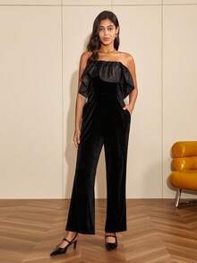 女士优雅天鹅绒拼接荷叶边连体裤，适合派对穿着 - 黑色 - 查看 1