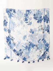 1pc Women's Linen Tassel Printed Scarf, Suitable For Beach, Vacation And Daily Life, Adding Highlights To Your Style, All Seasons,Accessories,Holiday - Blue - View 6