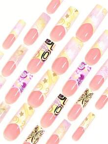 Upgrade Your Look With Y2K Style! Use 24pcs Rectangular Press-On Fake Nails To Change Your Nails, With Fresh And Dreamy: Light Yellow Gradient Star Pattern; Wide-Edge French Nude Base; Minimalist Fashionable Y2K Style Press-On Nails; Brown Line Butterfly Pattern; Colorful Asymmetrical Geometric Shapes - Multicolor - View 4