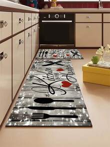 1pc Distressed Gray Wood Grain Silica Gel Kitchen Mat With Sparkling Star Effect, Decorated With Black Cutlery Pattern, Red Heart, And "The Kitchen Is The Heart" Artistic Text, Creating A Cozy Retro Kitchen Atmosphere. Luxury Fashion Kitchen Rug With Cushioning Anti-Fatigue Material - Multicolor - View 2