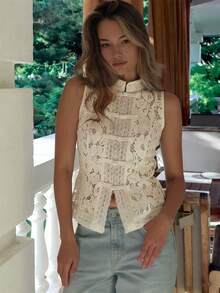Women Long Sleeve Mandarin Collar Guipure Split Blouse Top Lace Floral Puff Sleeve Button-Down Shirt Slim Fit Elegant Sheer Tops Party Clubwear - Áo không tay chữ A màu be - Xem 5