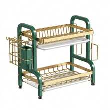 Dish Drainer, 2-Tier Dish Rack, Stainless Steel Dish Drainer With Drip Tray, Kitchen Countertop Rack With Removable Cutlery Holder - Green - View 8