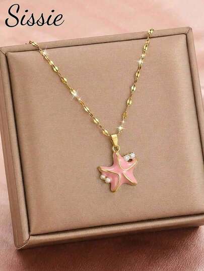 1pc Kids Personality Copper & Cubic Zirconia Lovely Pink Summer Starfish Necklace For Party Delicate Jewelry For Daily Decoration For Friend Birthday Gift Gold Jewelry Back To School