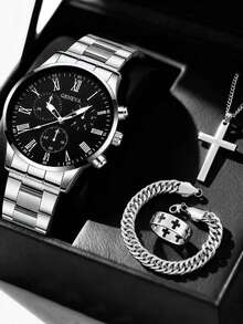 2pcs/Set Minimalist Casual Men's Quartz Watch, Includes 1 Stylish Silver Metal Strap Watch And 1 Matching Cuban Link Bracelet. Roman Numeral Multi-Dial Design Showcases Fashionable Sophistication. Comfortable Wear, Suitable For Daily Business Commute, Street Fashion Looks, And Effortless Business Casual Style. - Silver - View 6