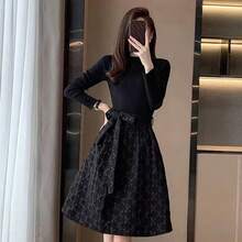 Stylish Black Dress, New Spring Fashion, Jacquard Mid-Length, Waist-Cinching, Slimming A-Line Dress - 黑色 - 查看 4