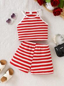 Mädchen 2-teiliges Set in Rot und Weiß gestreift, geripptes Stretch-Strick-Tanktop & Shorts mit elastischem Bund, atmungsaktiv und bequem, perfekt für den Sommer, den Strand - Rot - Übersicht 2