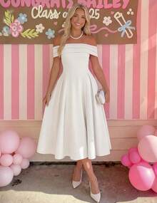 ZESICA Summer 2026 Cocktail Dresses For Women's Off Shoulder Short Sleeve Swing A Line Wedding Evening Party Midi Dress - Hồng - Xem 11