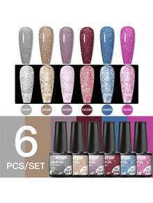6 pièces Ensemble de vernis à ongles réfléchissant pailleté, Argent, Or, Rose brillant pailleté, Vernis semi-permanent, Amovible, Décoration d'art pour les ongles UV/LED, DIY pour les ongles, Manucure de qualité salon, Cadeau pour les femmes - Multicolore - Voir 12