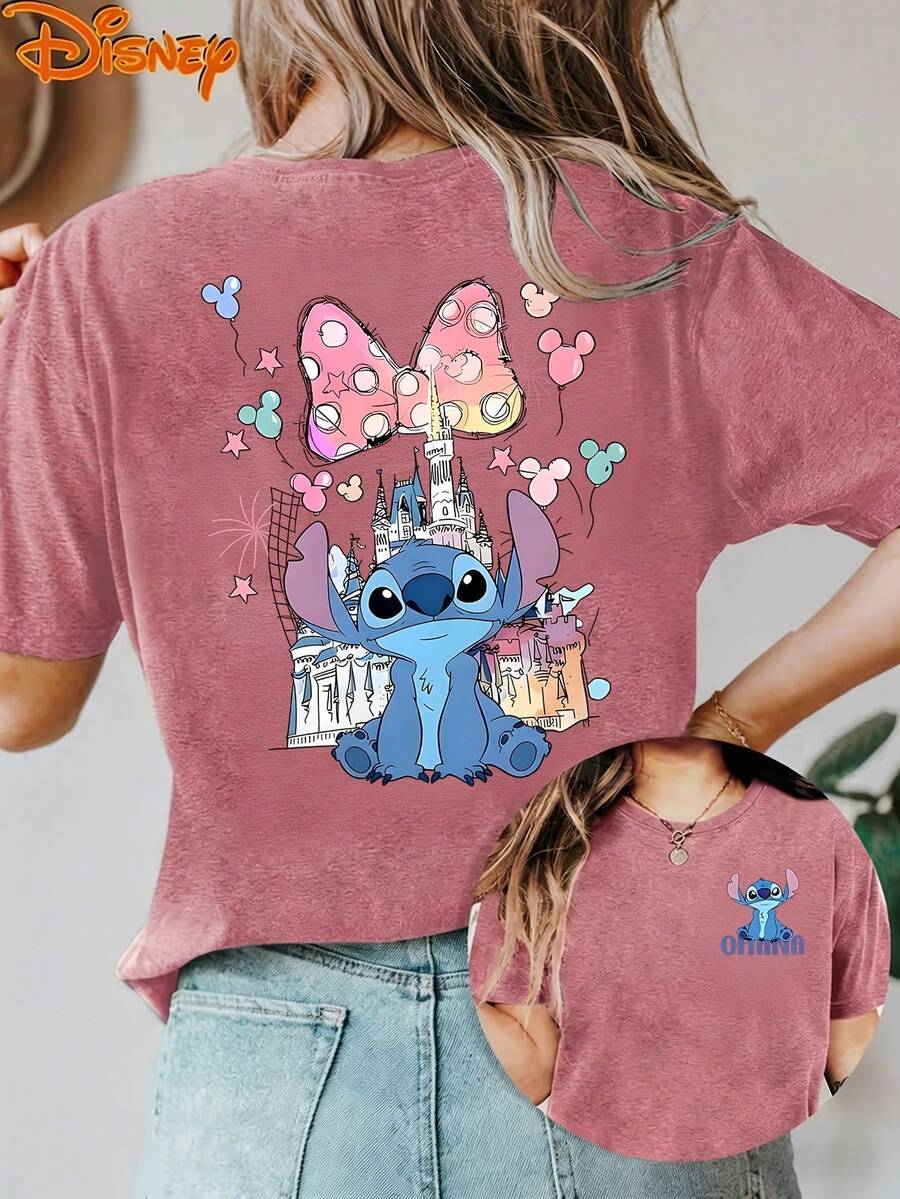 Disney License T Shirts,Disney Stitch Lilo & Stitch Graphic T-Shirt, Women's Oversized Castle Minnie Bow Mickey Balloon Print Short Sleeve Tee, Casual Loose Fit Cute Top For Lilo & Stitch Fans, Disney Trips, Daily Wear & Theme Park Outings ,Camiseta, Summer Outfits For Women, Summer Clothes, Summer Tops, Tops For Women, Festival Outfits, Summer Tops For Women, Mother's Day, Mother's Day Clothing, Gifts For Family And Friends, Spring Outfits For Women, Officially Licensed Disney T-Shirts, Disney Men's And Women's Spring/Summer Fashion Casual Short-Sleeve T-Shirts - 玫紅色 - 查看 1