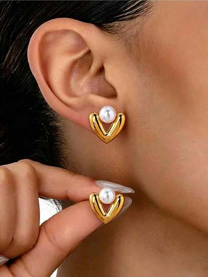 1 Pair Elegant Heart-Shaped Faux Pearl Earrings, 18K Gold Plated Stainless Steel Delicate Earrings, Feminine Versatile Accessory, Gift For Valentine's Day, Date, Work