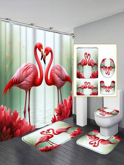1/3/4 Sets Heart Flamingo Bathroom Shower Curtain Set; Romantic Tropical Design, Waterproof And Durable, Suitable For Bathroom Decor And Accessories. Size: 71"X71", Includes 12 Hooks, Toilet Seat Cover, Bath Mat And Rug