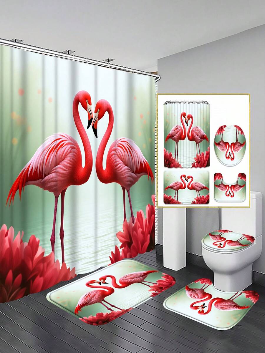 1/3/4 件套心形火烈鸟浴室浴帘套装；浪漫热带设计，防水耐用，适合浴室装饰及配件。尺寸：71 英寸 x 71 英寸，包含 12 个挂钩、马桶盖、浴垫和地毯。