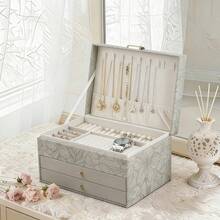 1个多层首饰盒，高端精致抗氧化收纳盒，适用于戒指、手镯、项链、耳环，复古花卉图案三层设计 - 仿古花紋首飾盒 - 查看 4