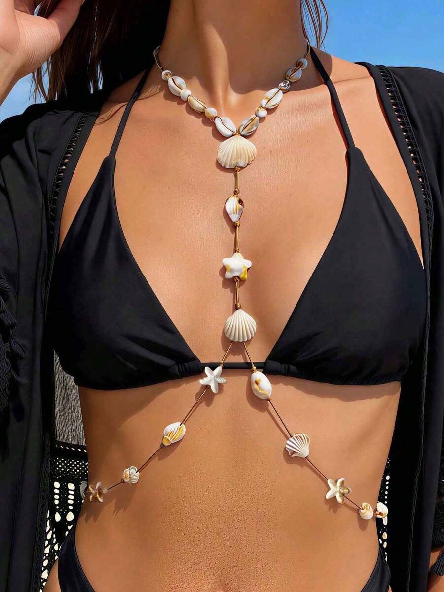 1 chiếc vòng đeo thân kiểu Bohemian mùa hè, làm từ vỏ sò tự nhiên, sao biển và hoa, vòng cổ sau lưng, phụ kiện cho trang phục hở lưng khi đi biển, trang sức thanh lịch. - Nhiều màu - Xem 1