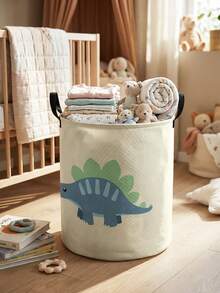 1pc Large Capacity Foldable Round Storage Basket With Cartoon Dinosaur Print, Durable Fabric Laundry Hamper With Handle, Multi-Purpose Storage Bin For Nursery, Diapers, Clothes, Baby Supplies - Multicolor - View 12