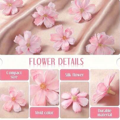 50pcs/Pack Of Artificial Cherry Blossom Pink Flowers, Artificial Flower Heads, Silk Artificial Flowers, Wedding Petals, Various Colors, Suitable For Hair Clips, Headbands, Weddings, Bouquets, Garden Center Decorations, DIY Crafts, Wreaths, Valentine's Day, Mother's Day, Graduation Ceremonies, Parties And Home Decorations