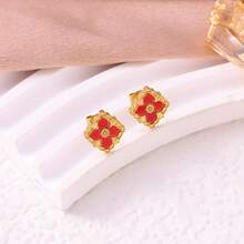 1对18K镀金不锈钢四叶草耳钉，适合女士日常佩戴 - 彩色 - 查看 9