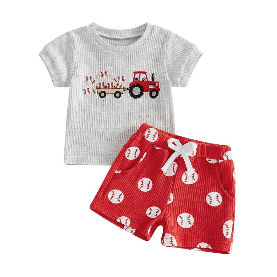 Toddler Baby Boy Baseball Outfits Tractor Baseball Embroidery T-Shirt Tops And Gingham Plaid Shorts Set Infant Game Day Baseball Outfit, Baby Boy Summer Clothes, Baseball Outfits For Baby Boys - 灰色 - 查看 1